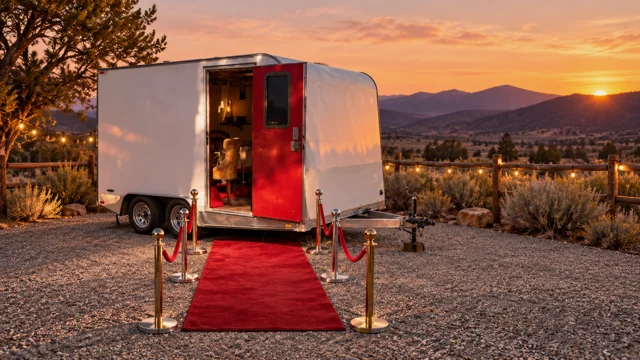 AI-staged concept: A sagebrush-and-mountain setting at sunset, with a straight entry aisle.