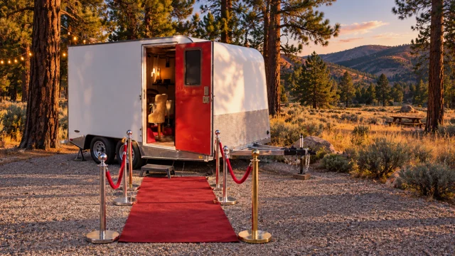 AI-staged concept: The lounge at a pine-meadow gathering, with a straight entry aisle.