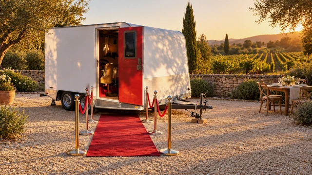 AI-staged concept: A courtyard gathering beside vineyard rows, with a straight entry aisle.